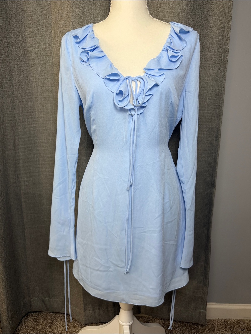 wild fable Light Blue Ruffle Tie-Front Long Sleeve Dress